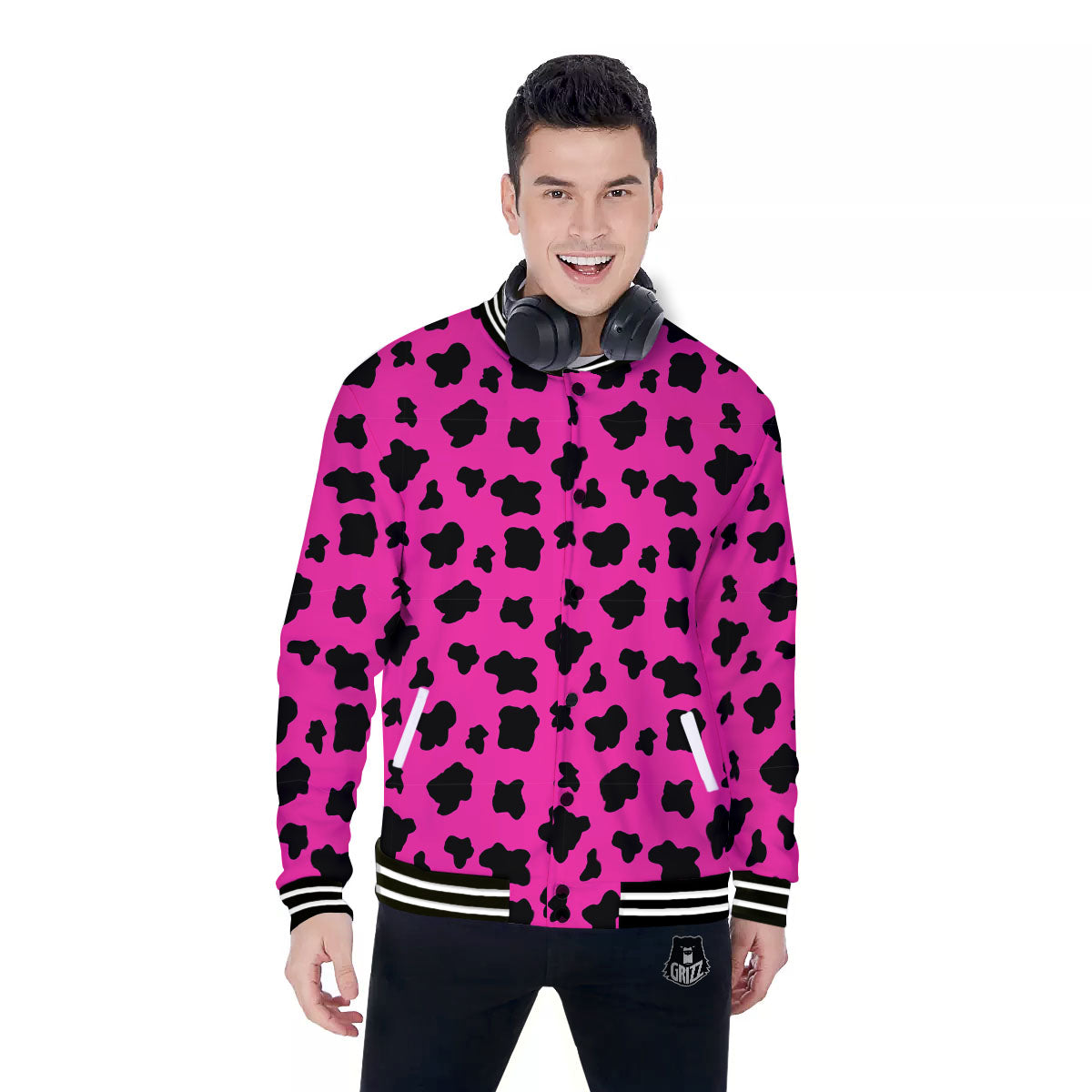 Hot Pink And Black Cow Print Baseball Jacket-grizzshop