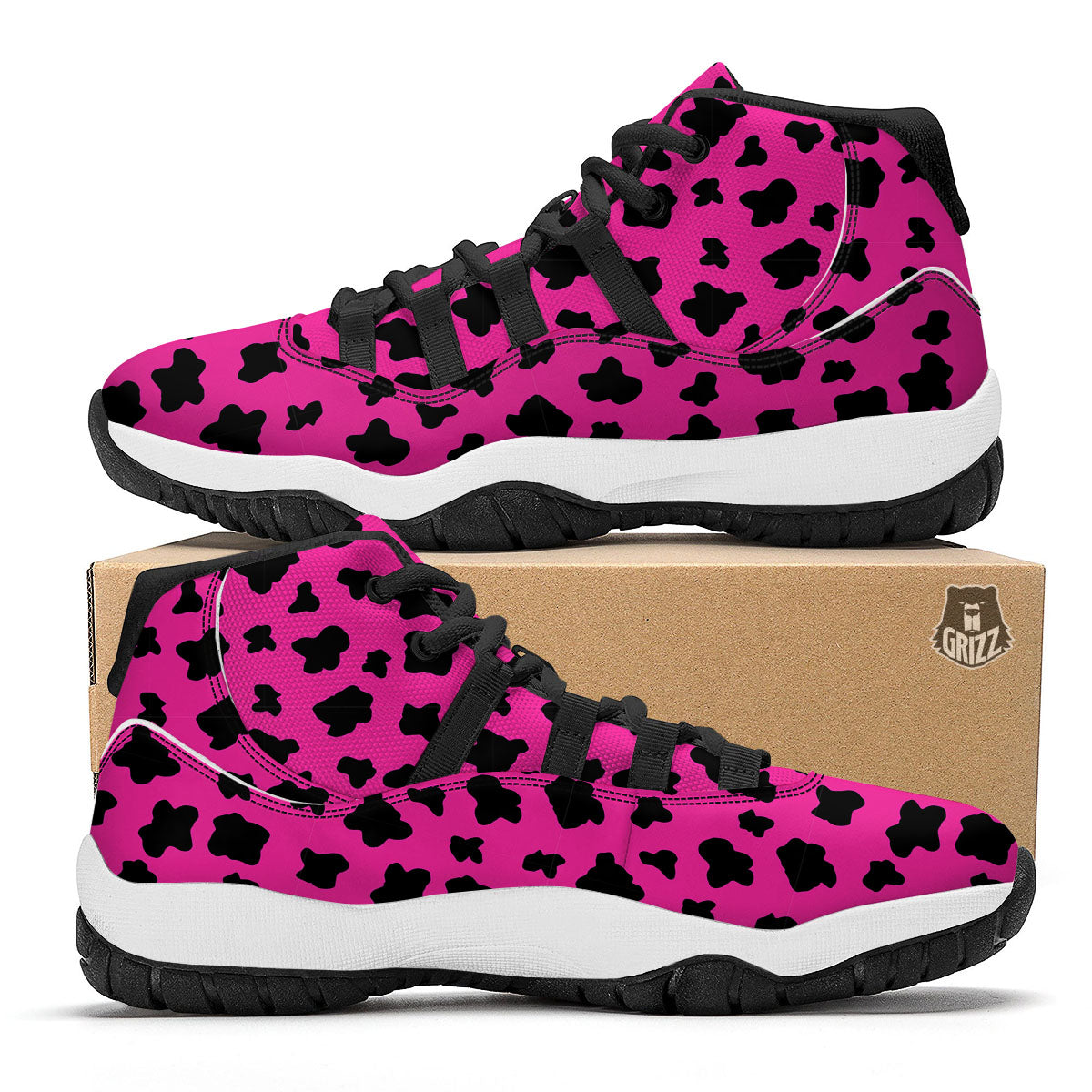 Hot Pink And Black Cow Print Black Bball Shoes-grizzshop