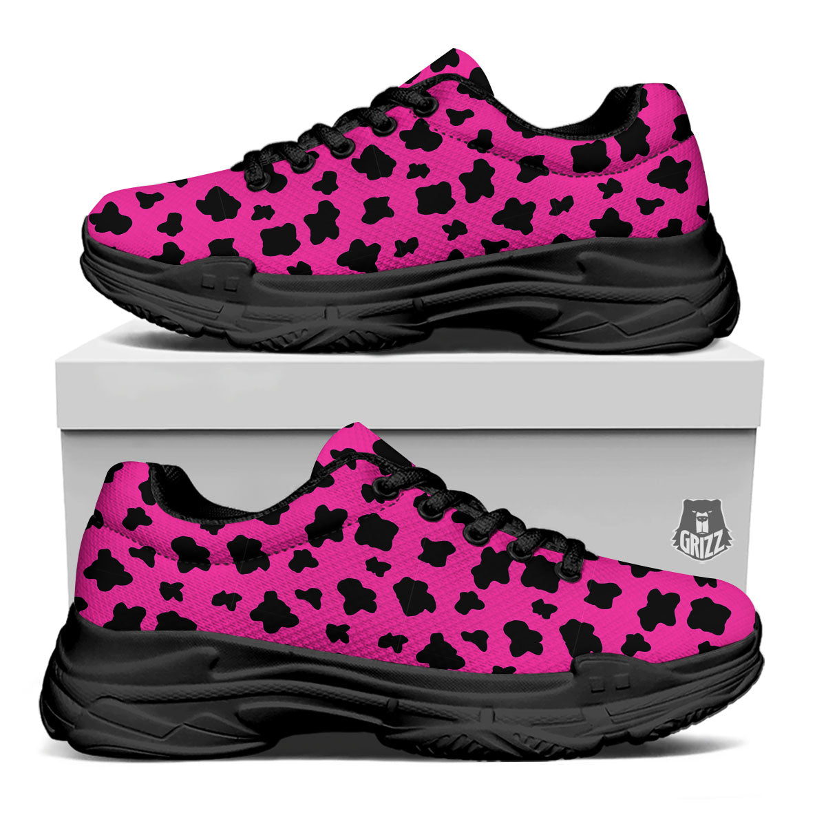 Hot Pink And Black Cow Print Black Chunky Shoes-grizzshop