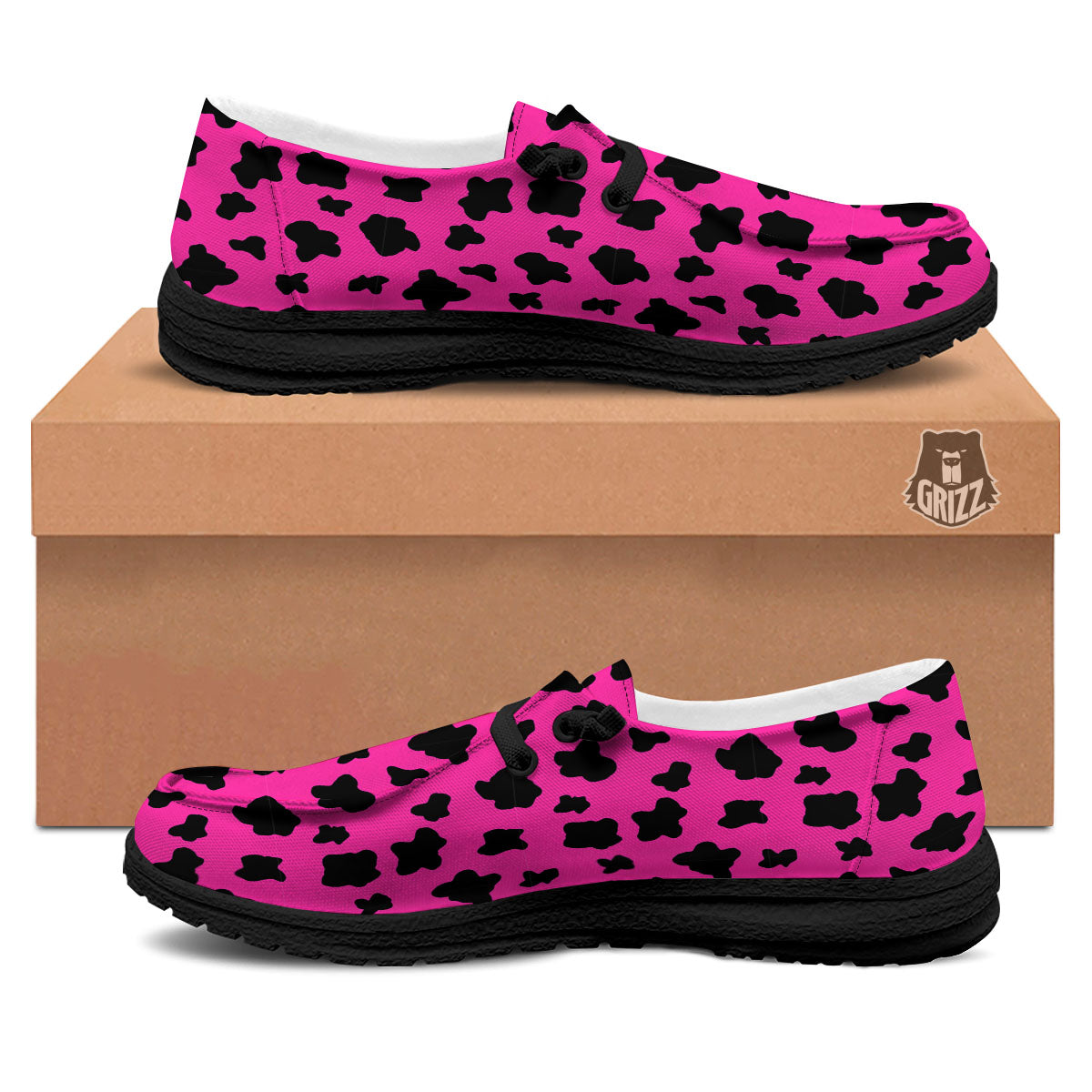 Hot Pink And Black Cow Print Black Loafers-grizzshop