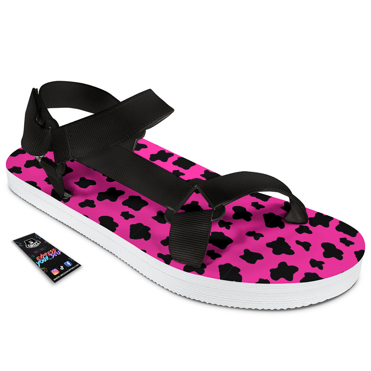 Hot Pink And Black Cow Print Black Open Toe Sandals-grizzshop
