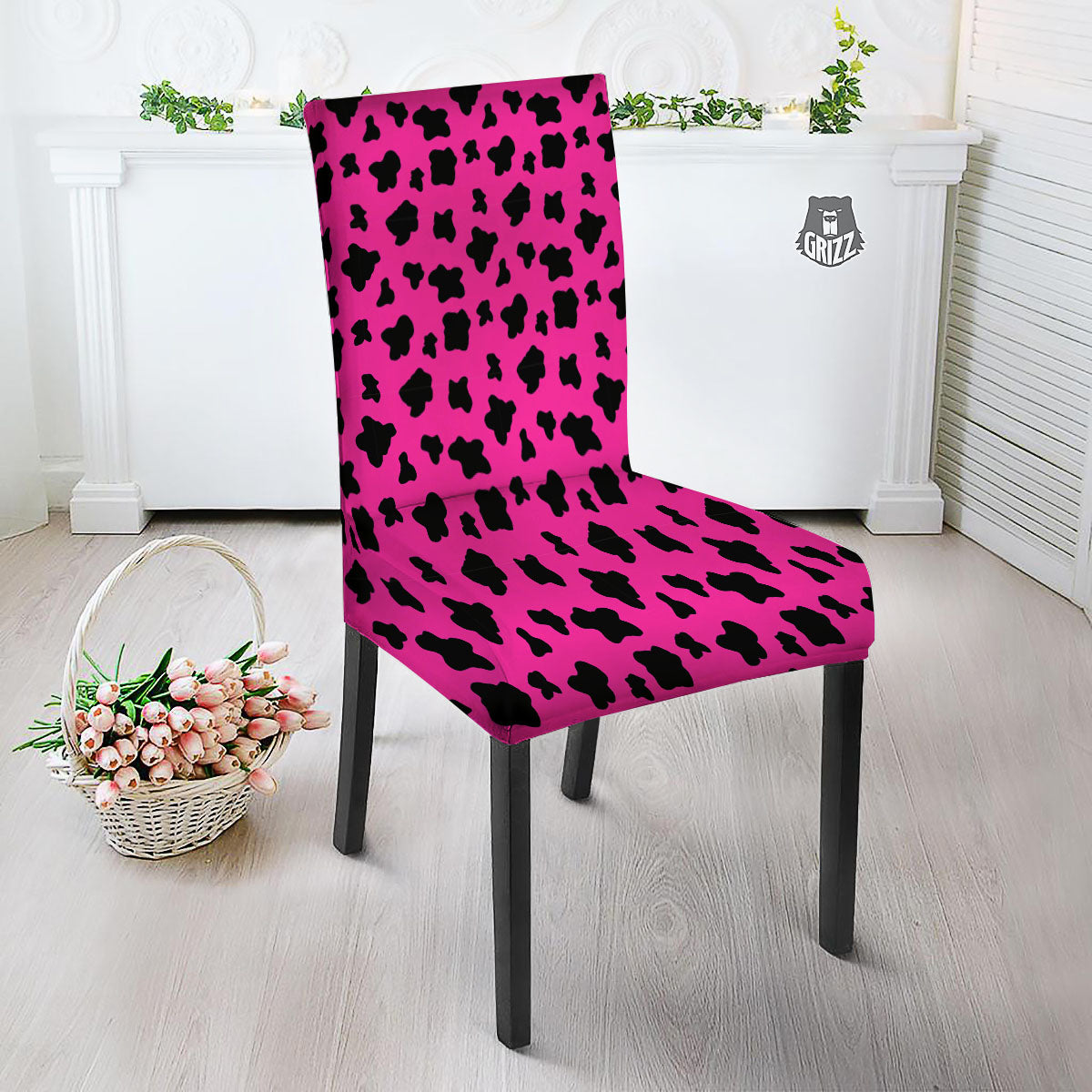 Hot Pink And Black Cow Print Dining Chair Slipcover-grizzshop