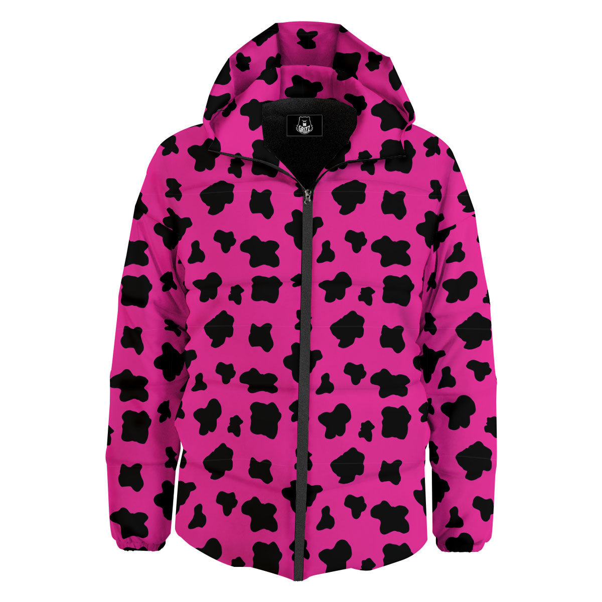 Hot Pink And Black Cow Print Down Jacket-grizzshop