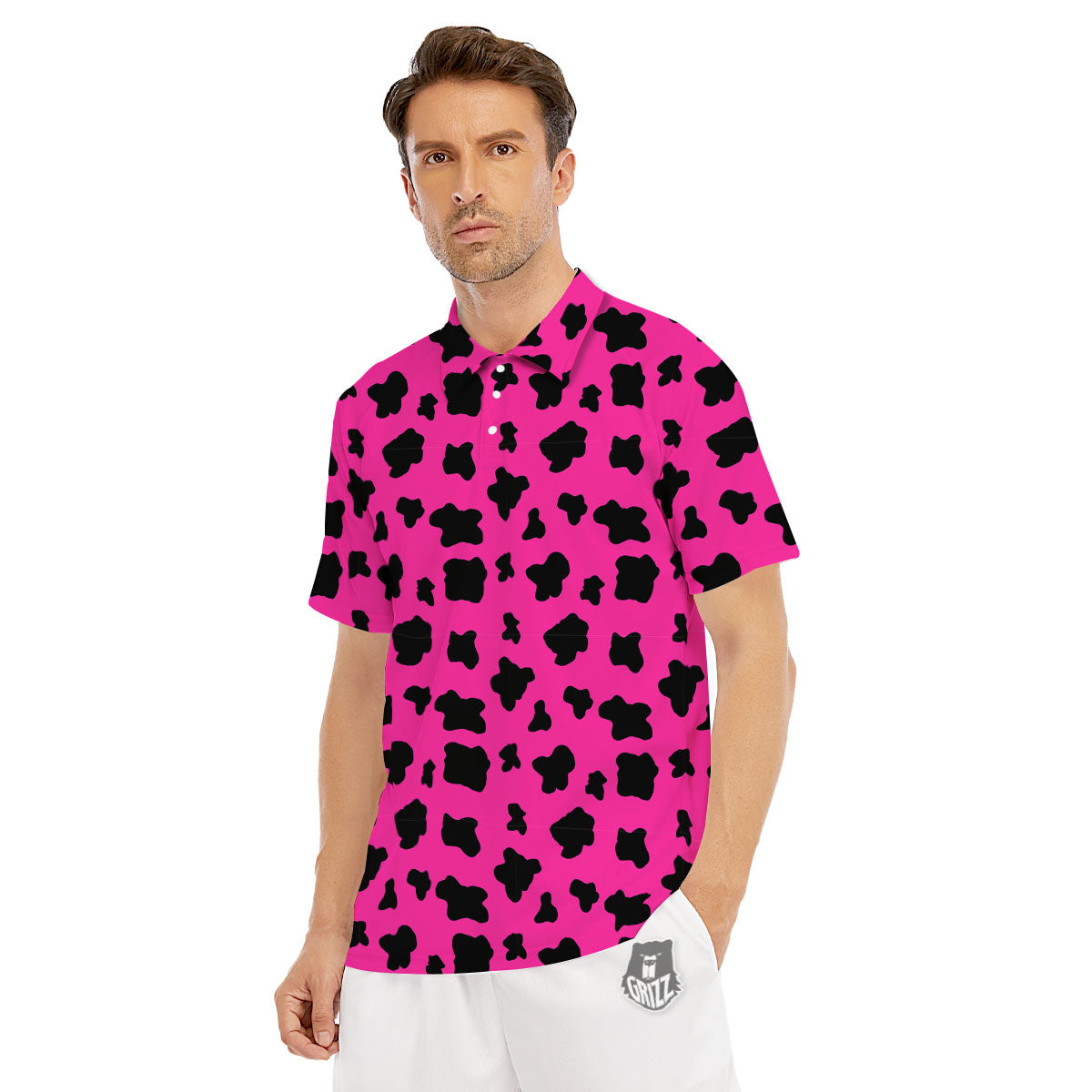 Hot Pink And Black Cow Print Men's Golf Shirts-grizzshop