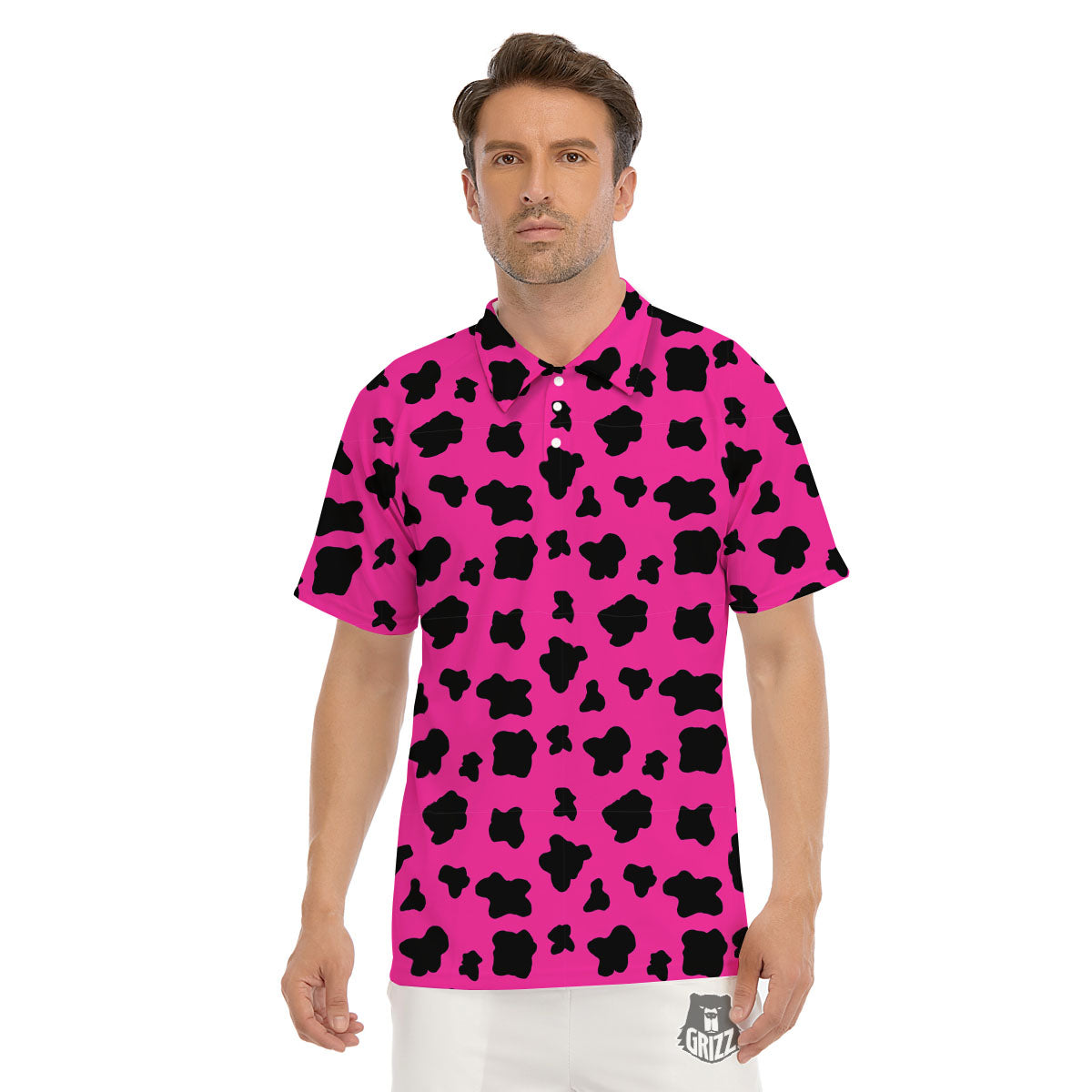 Hot Pink And Black Cow Print Men's Golf Shirts-grizzshop