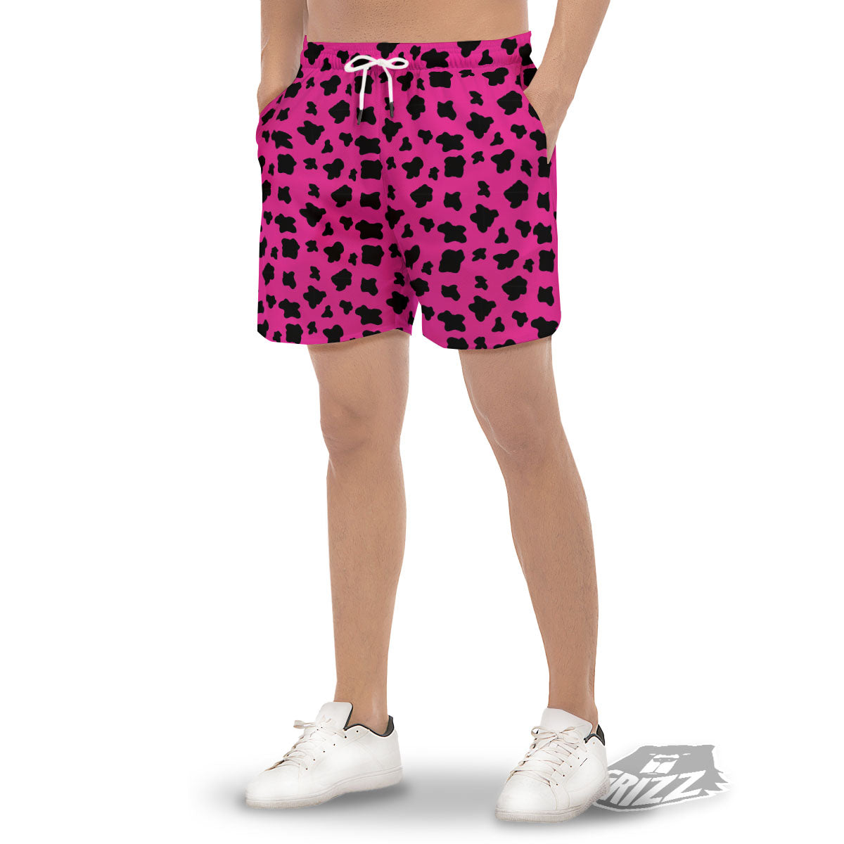 Hot Pink And Black Cow Print Men's Gym Shorts-grizzshop