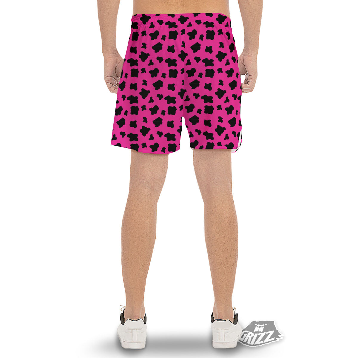Hot Pink And Black Cow Print Men's Gym Shorts-grizzshop