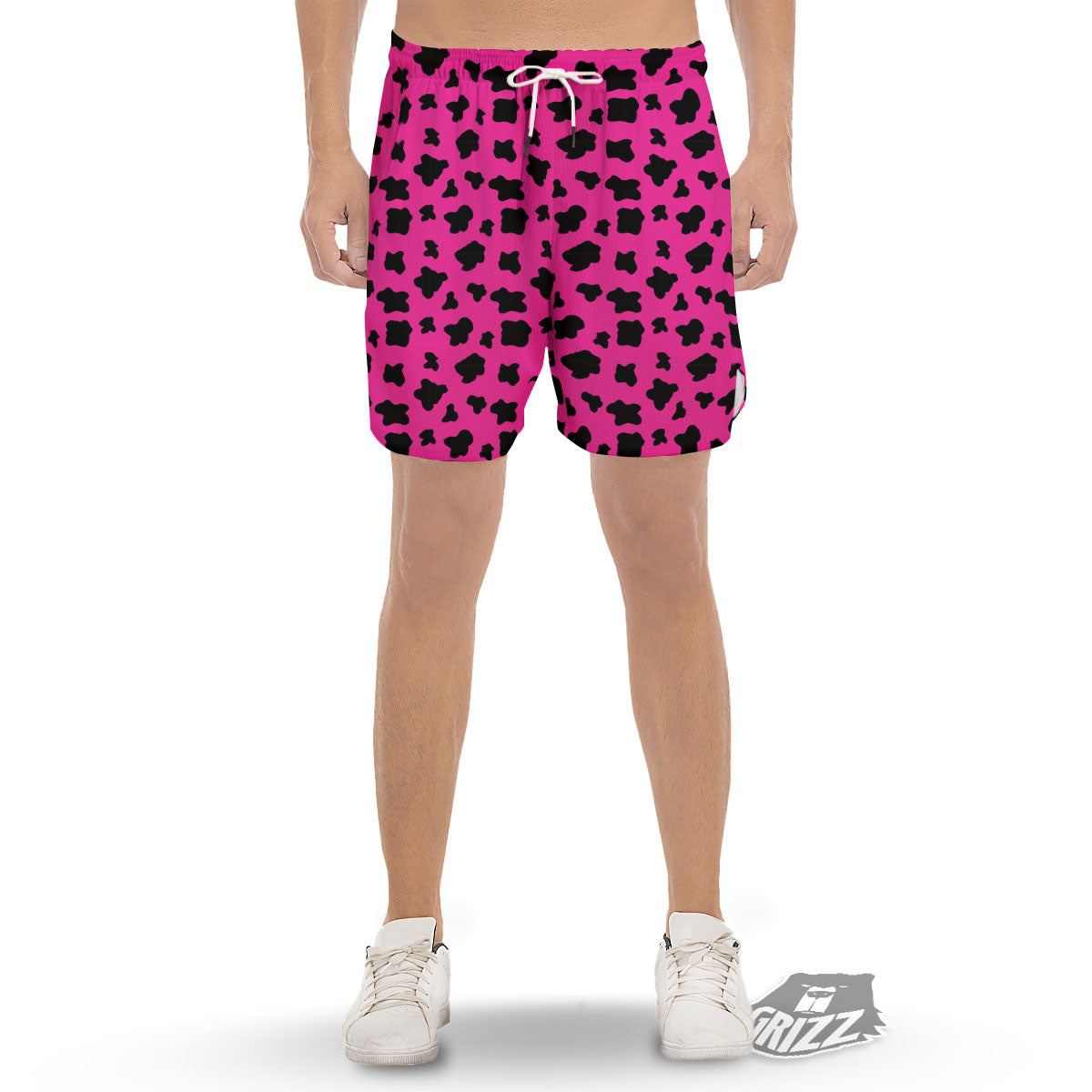 Hot Pink And Black Cow Print Men's Gym Shorts-grizzshop