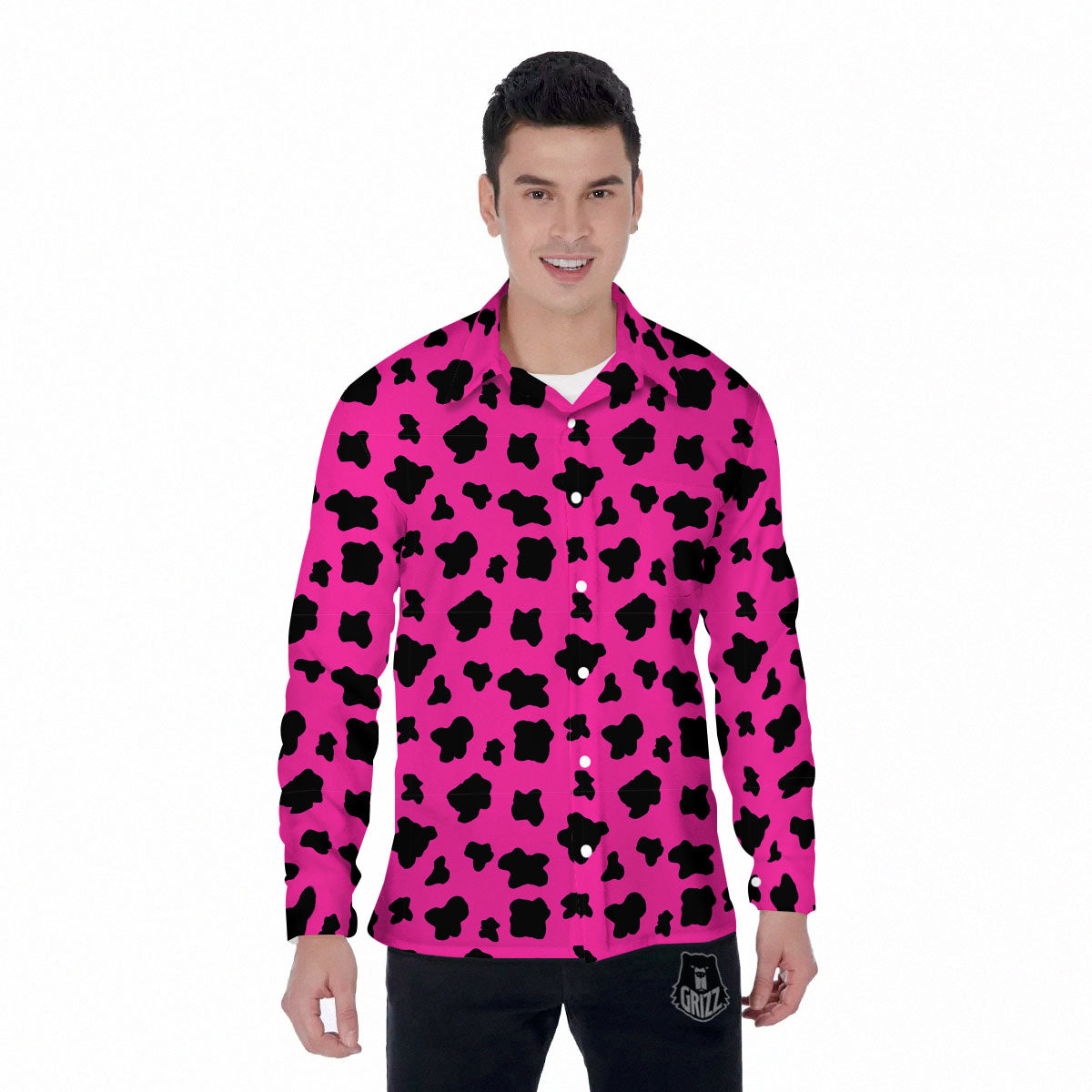 Hot Pink And Black Cow Print Men's Long Sleeve Shirts-grizzshop