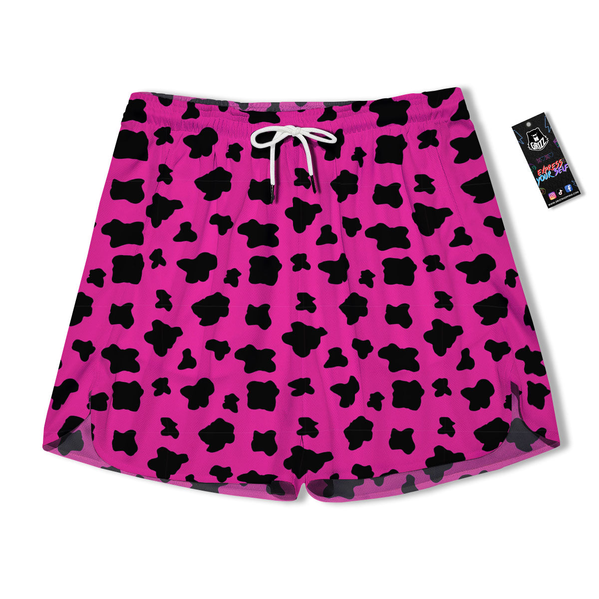 Hot Pink And Black Cow Print Men's Running Shorts-grizzshop