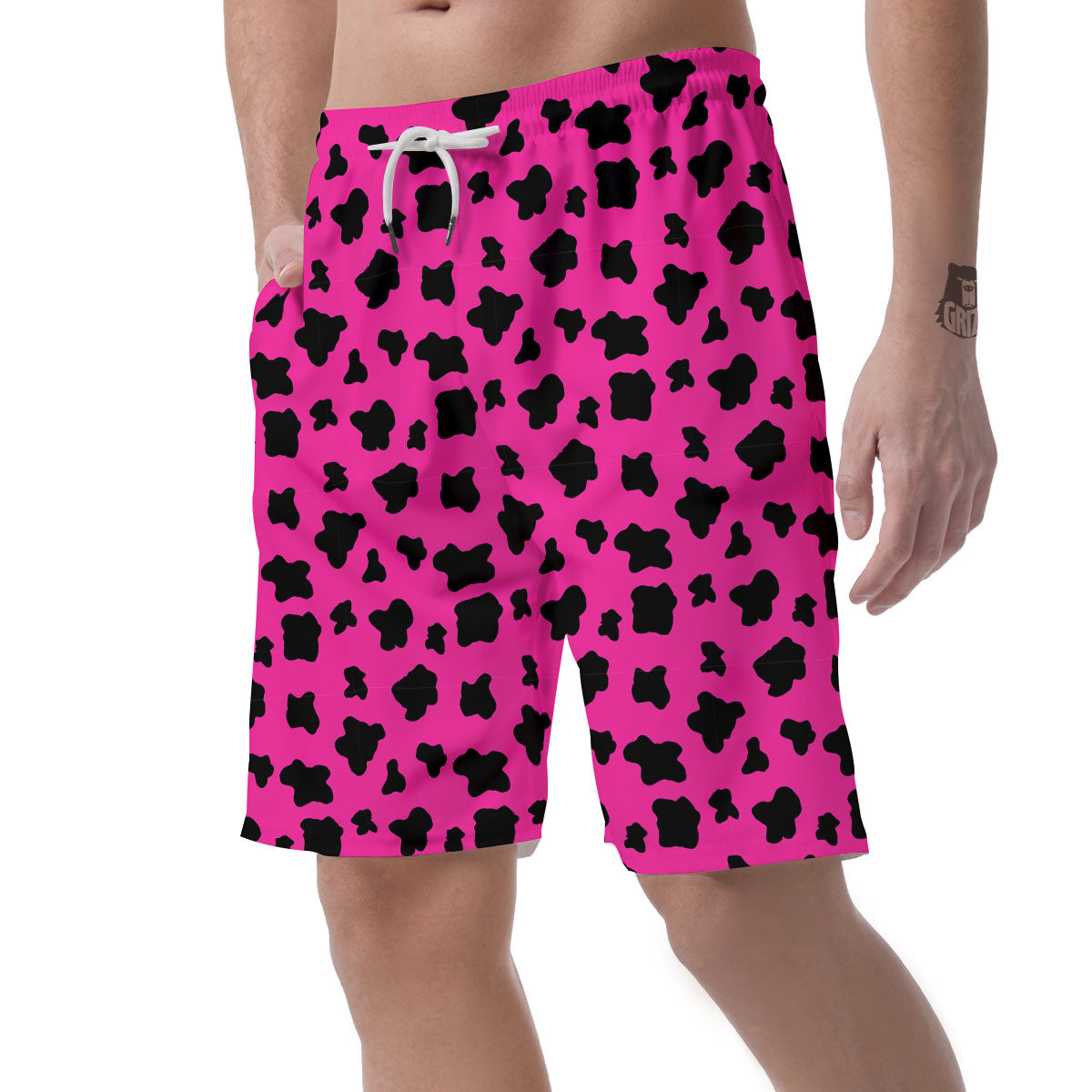 Hot Pink And Black Cow Print Men's Shorts-grizzshop