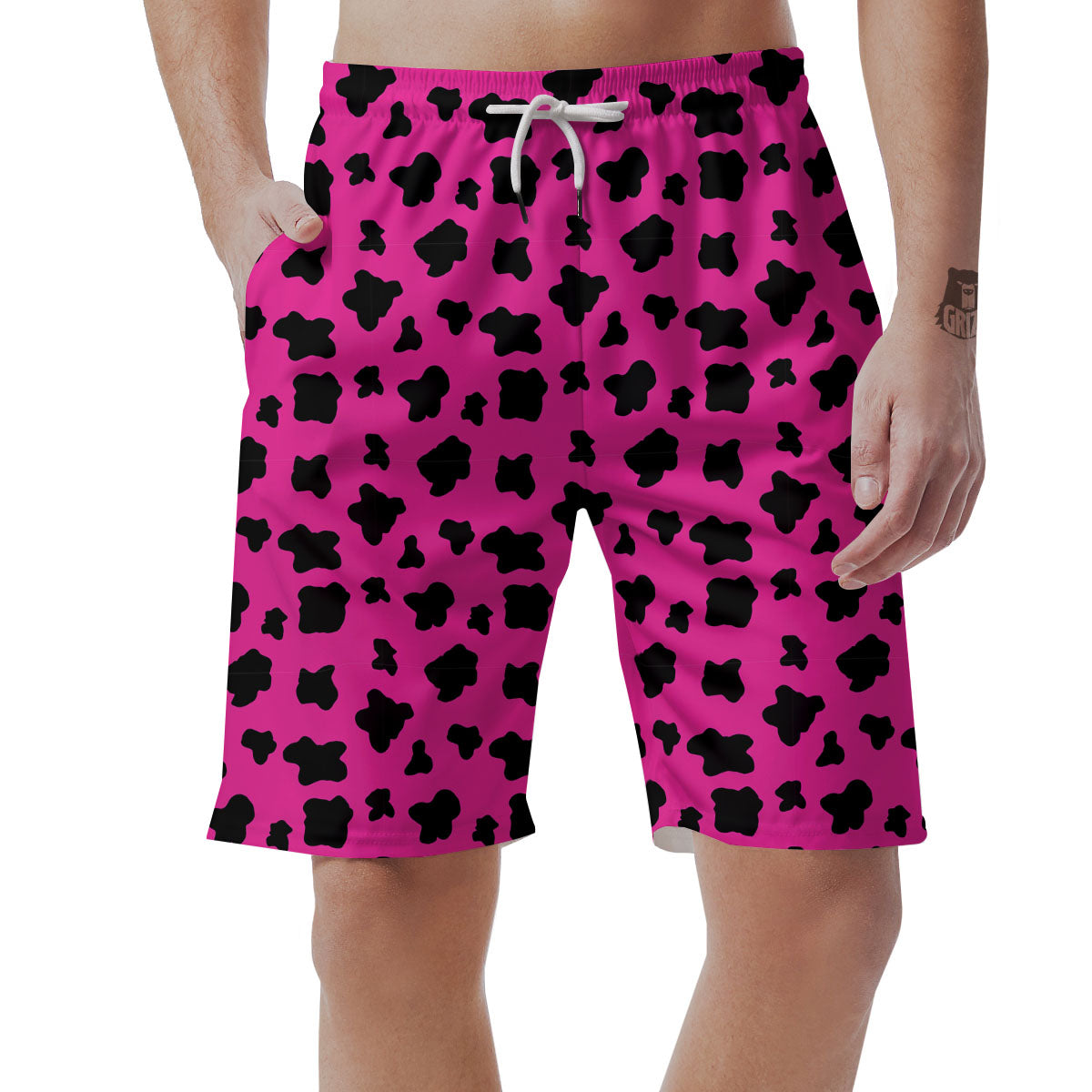Hot Pink And Black Cow Print Men's Shorts-grizzshop