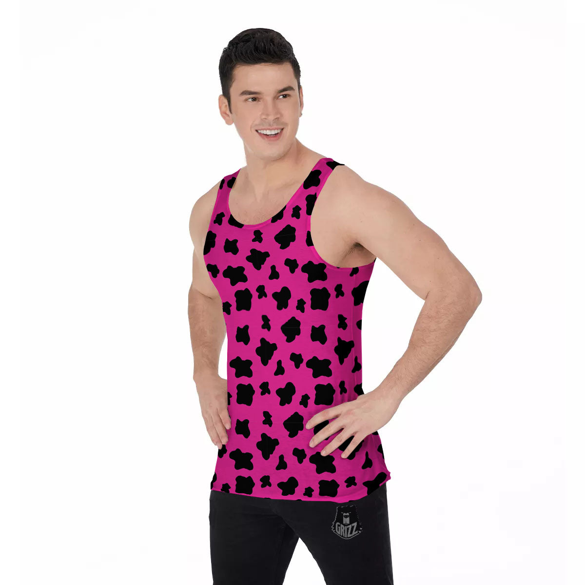 Hot Pink And Black Cow Print Men's Tank Top-grizzshop