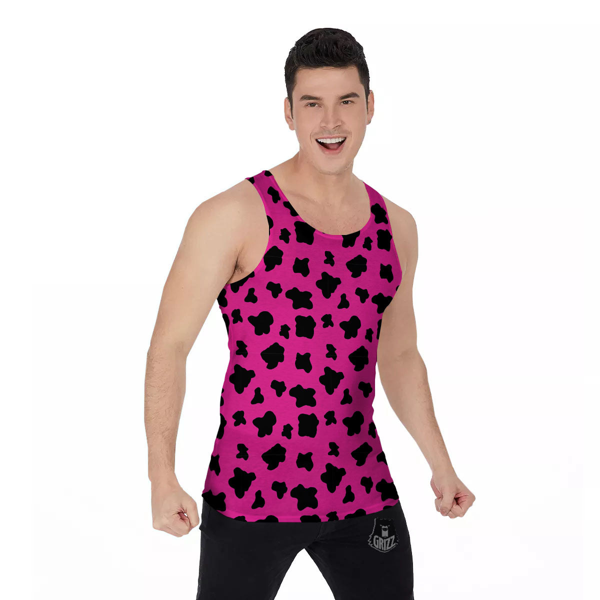 Hot Pink And Black Cow Print Men's Tank Top-grizzshop