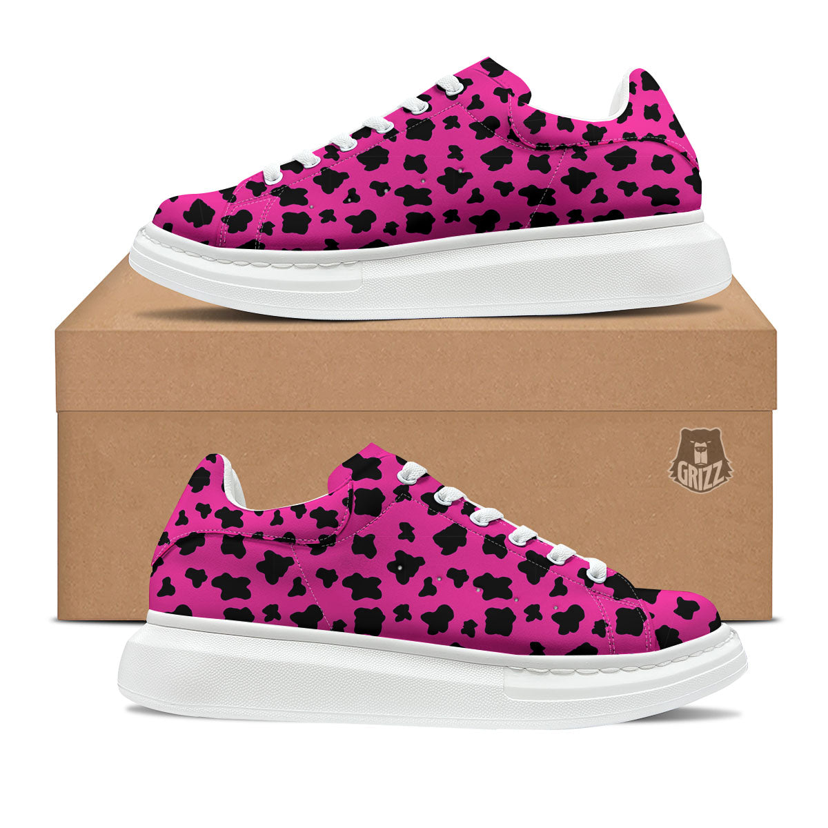 Hot Pink And Black Cow Print Platform Shoes-grizzshop