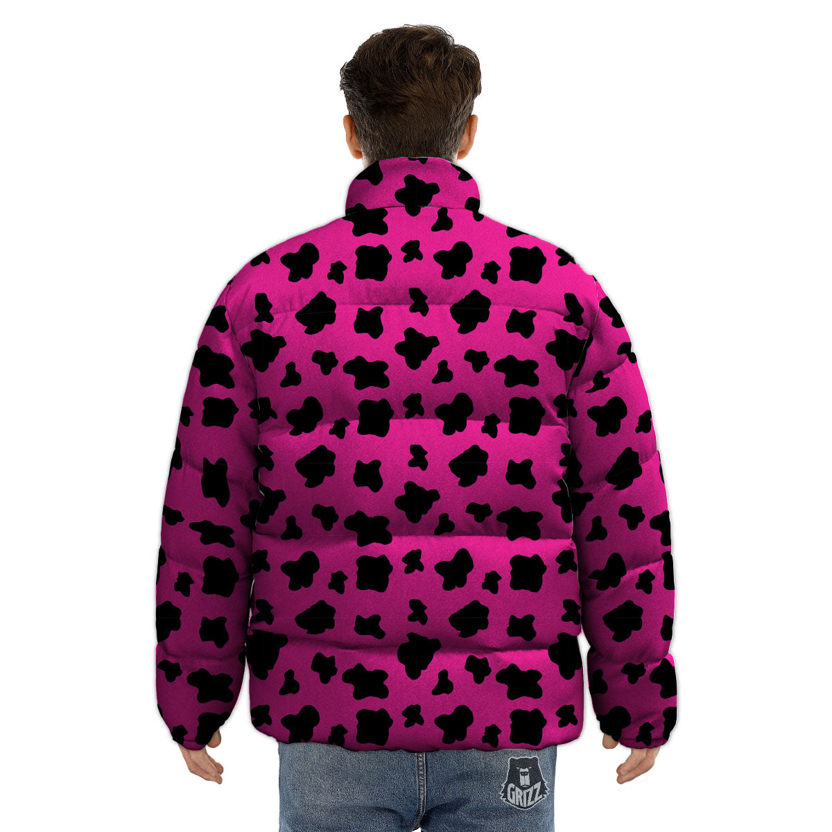 Hot Pink And Black Cow Print Puffer Jacket-grizzshop