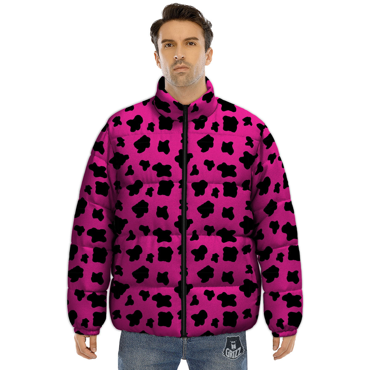 Hot Pink And Black Cow Print Puffer Jacket-grizzshop