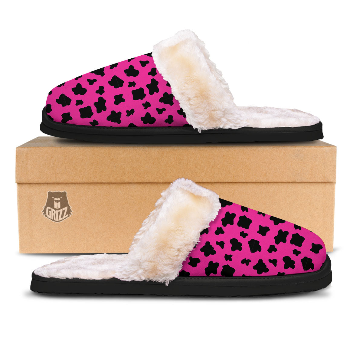 Hot Pink And Black Cow Print Slippers-grizzshop