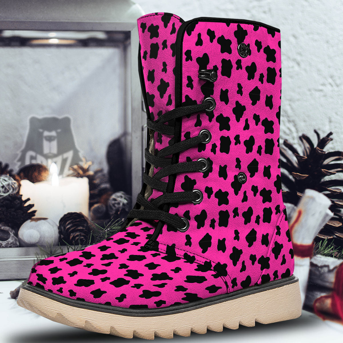 Hot Pink And Black Cow Print Snow Boots-grizzshop