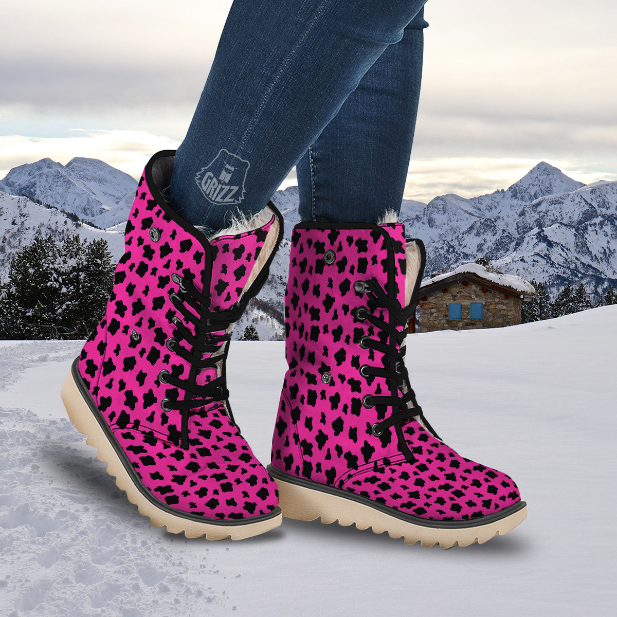 Hot Pink And Black Cow Print Snow Boots-grizzshop