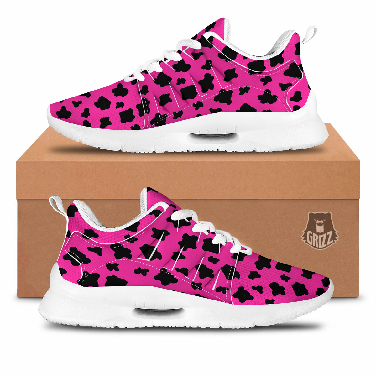 Hot Pink And Black Cow Print Tennis Shoes-grizzshop
