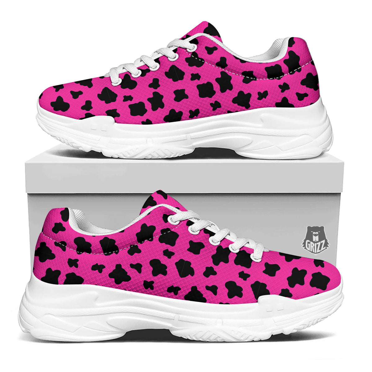 Hot Pink And Black Cow Print White Chunky Shoes-grizzshop