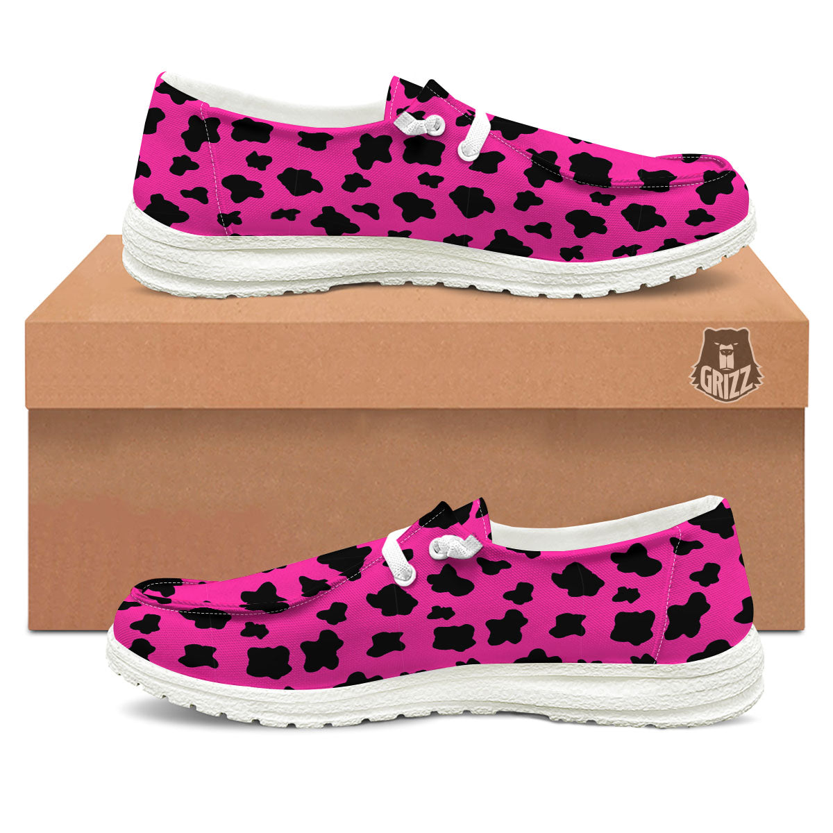 Hot Pink And Black Cow Print White Loafers-grizzshop