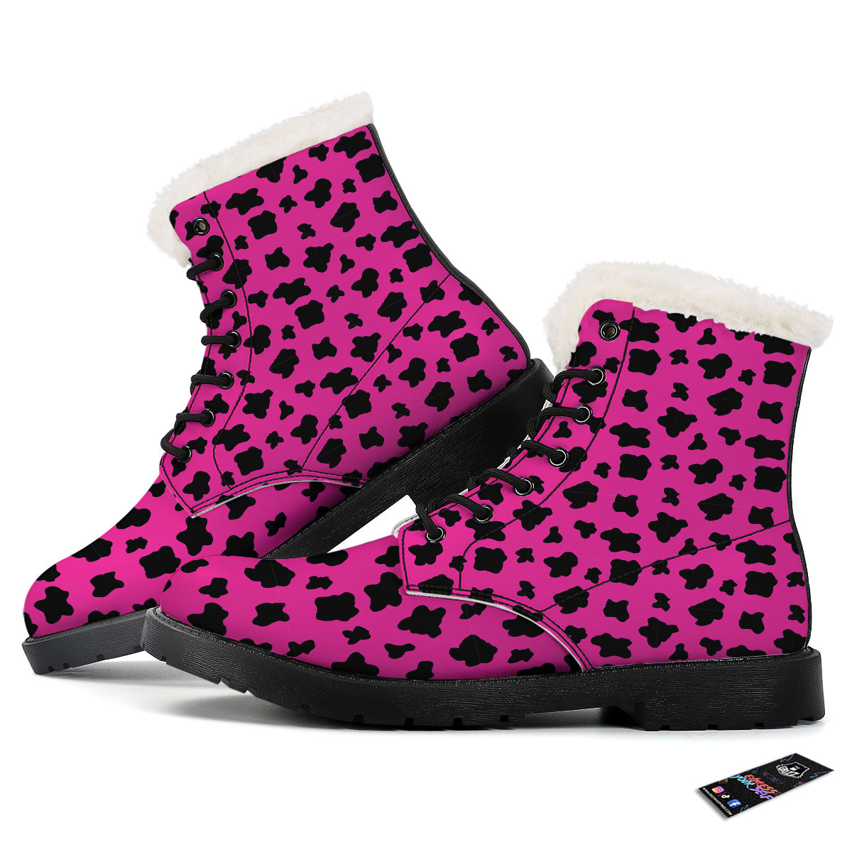 Hot Pink And Black Cow Print Winter Boots-grizzshop