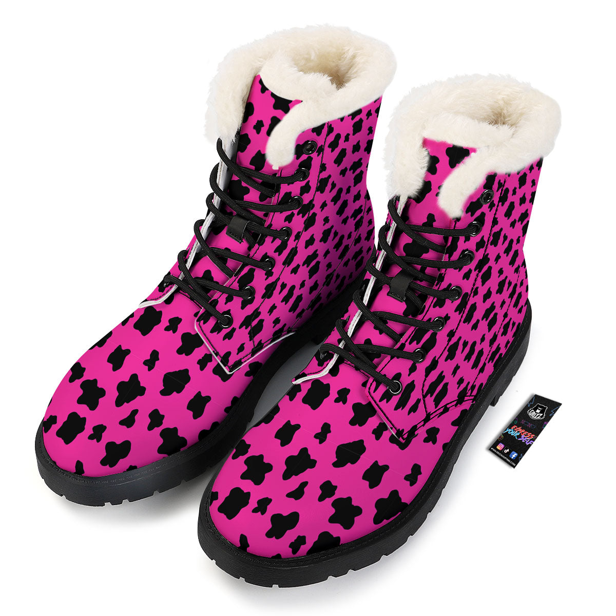 Hot Pink And Black Cow Print Winter Boots-grizzshop