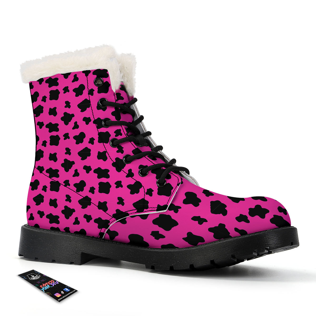Hot Pink And Black Cow Print Winter Boots-grizzshop