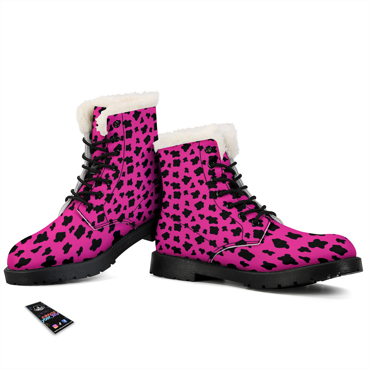 Hot Pink And Black Cow Print Winter Boots-grizzshop