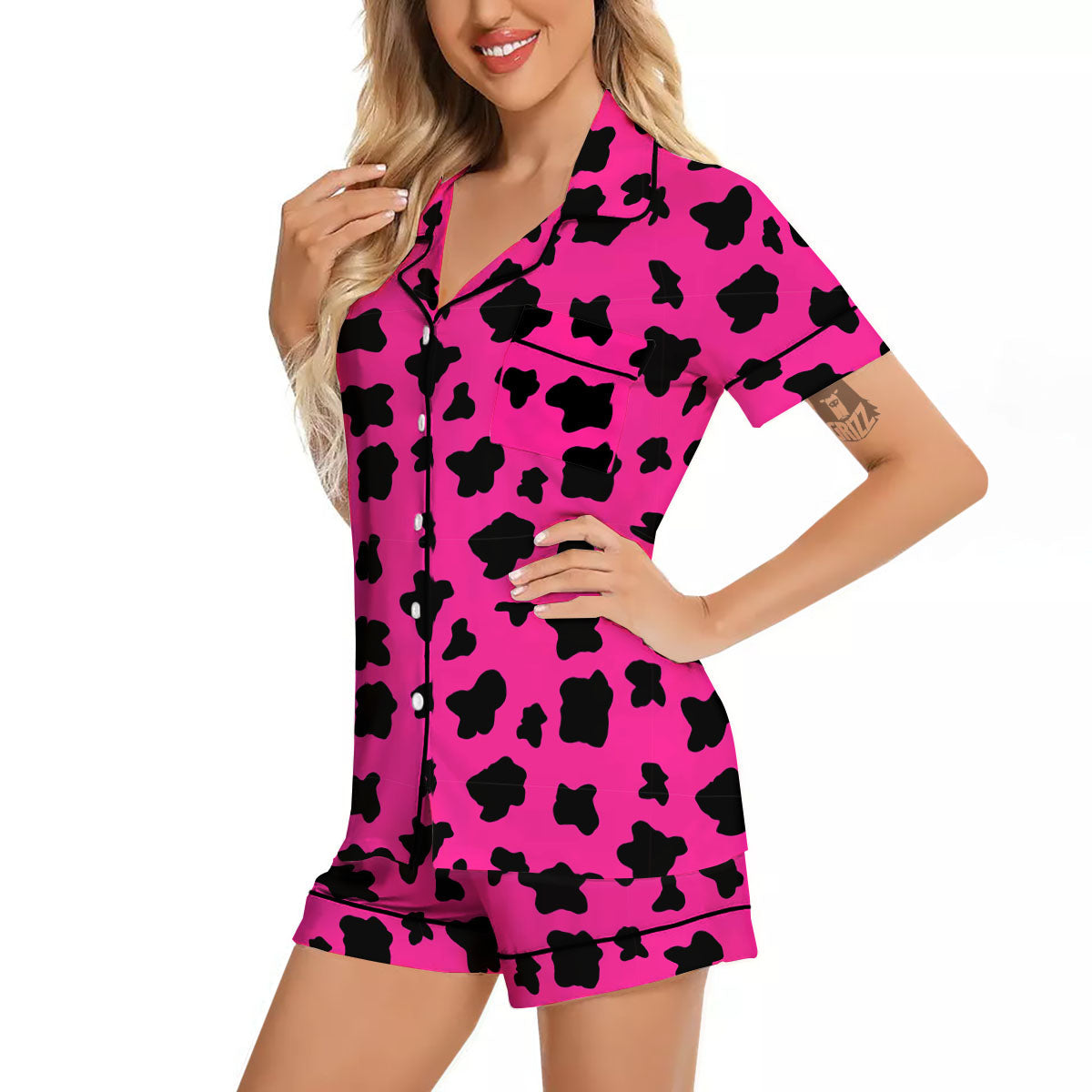Hot Pink And Black Cow Print Women Silk Pajamas-grizzshop