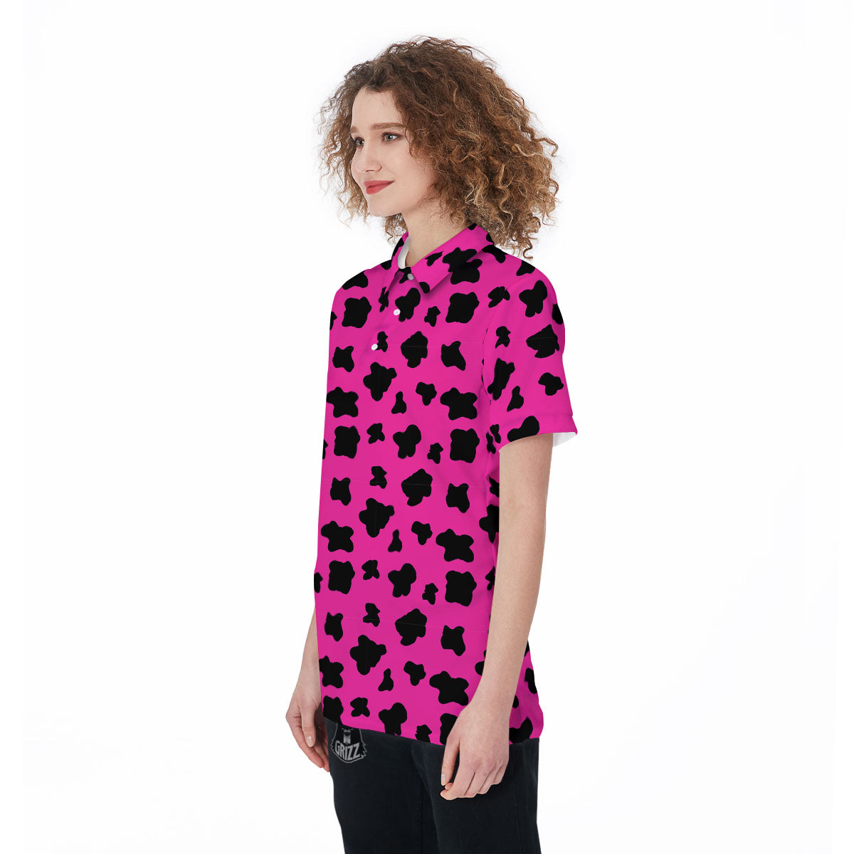 Hot Pink And Black Cow Print Women's Golf Shirts-grizzshop
