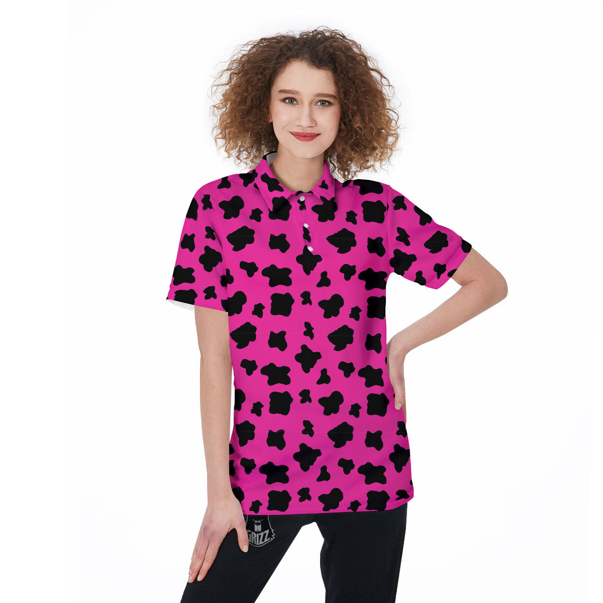 Hot Pink And Black Cow Print Women's Golf Shirts-grizzshop