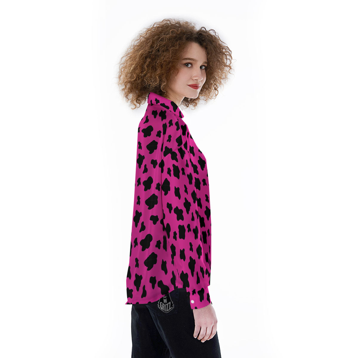 Hot Pink And Black Cow Print Women's Long Sleeve Shirts-grizzshop