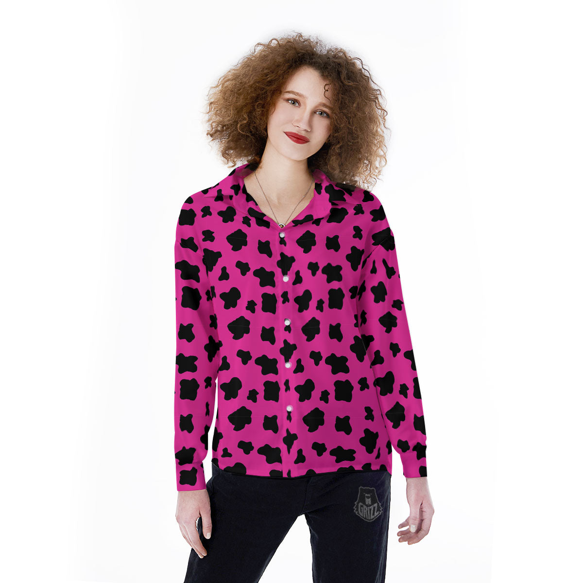 Hot Pink And Black Cow Print Women's Long Sleeve Shirts-grizzshop