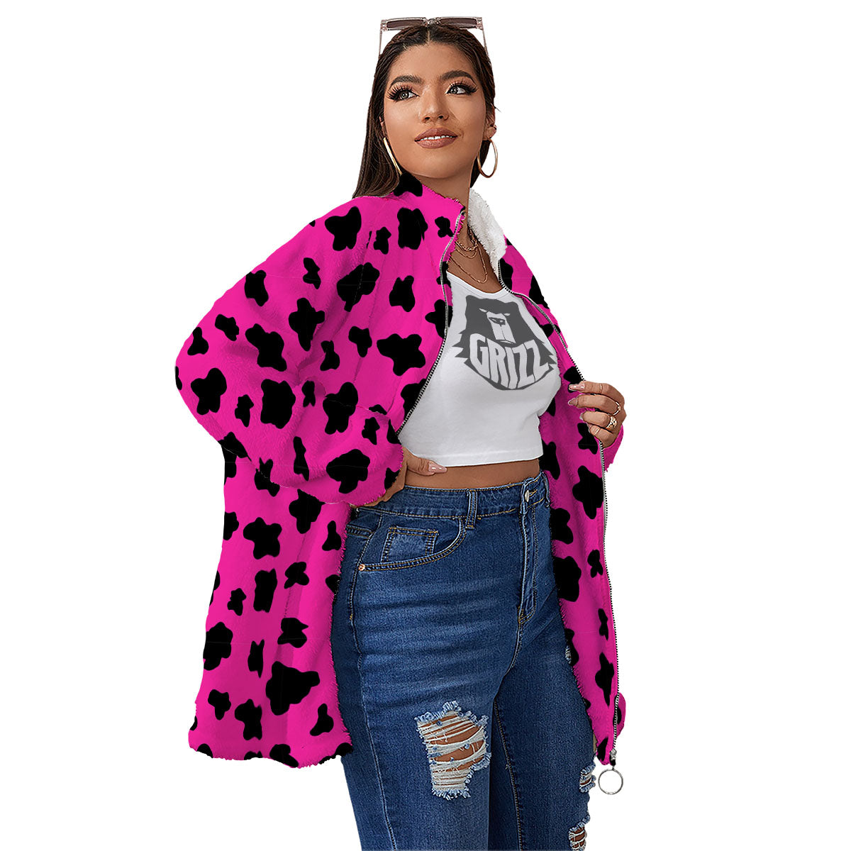 Hot Pink And Black Cow Print Women's Sherpa Jacket-grizzshop