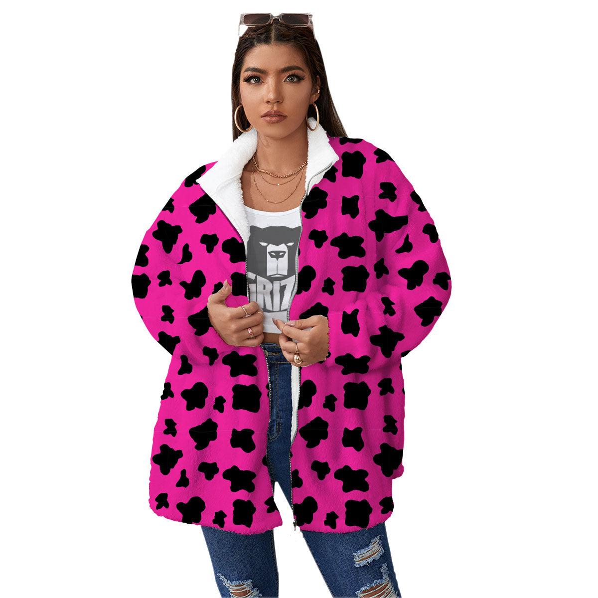 Hot Pink And Black Cow Print Women's Sherpa Jacket-grizzshop