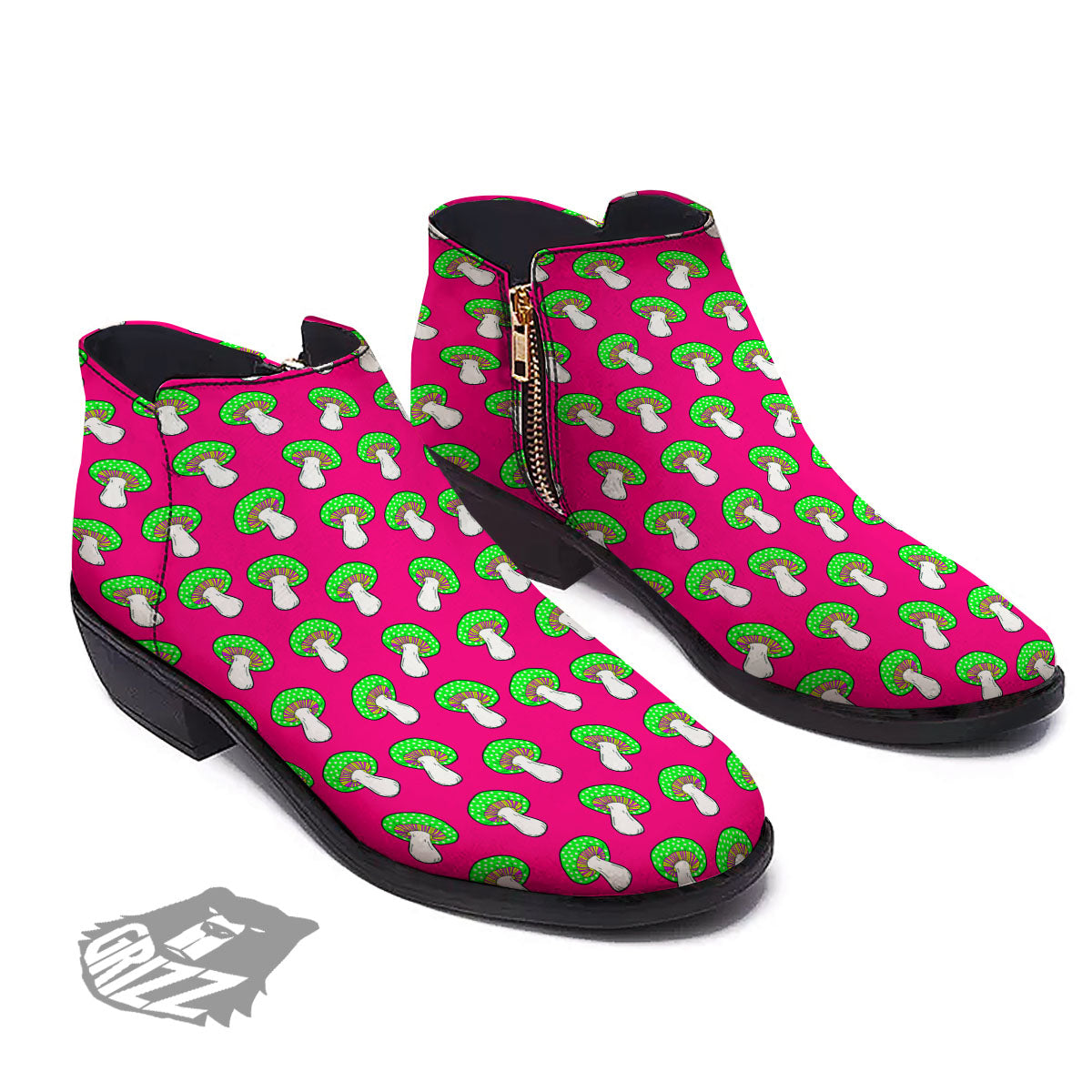 Hot Pink Crazy Mushroom Print Pattern Ankle Boots-grizzshop