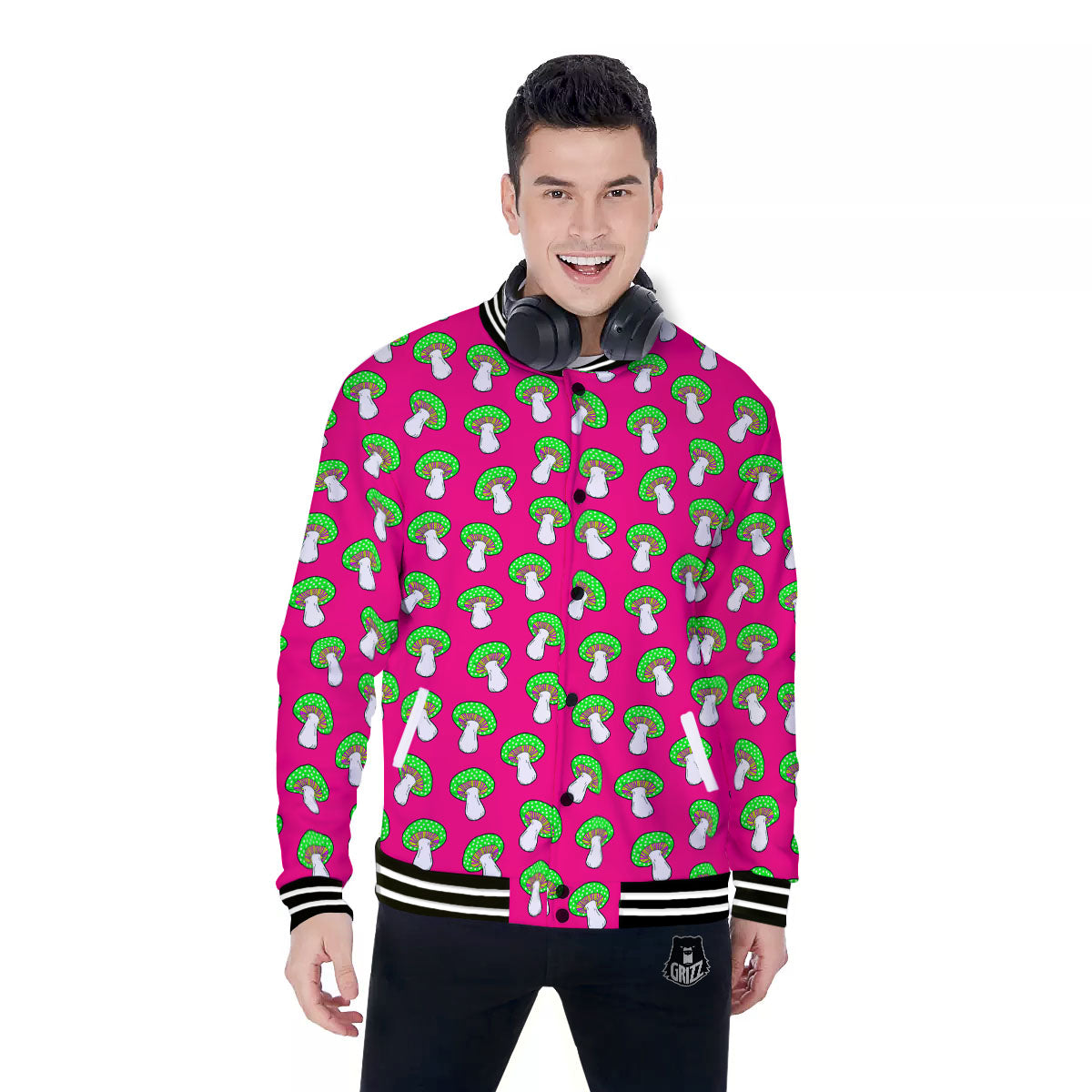 Hot Pink Crazy Mushroom Print Pattern Baseball Jacket-grizzshop