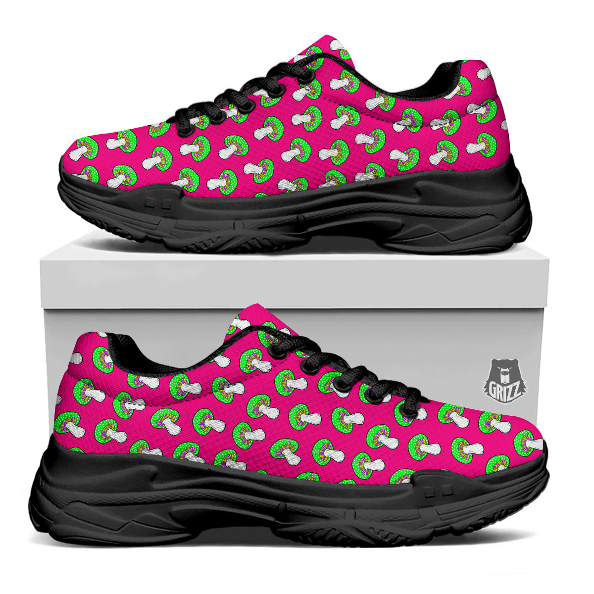 Hot Pink Crazy Mushroom Print Pattern Black Chunky Shoes-grizzshop