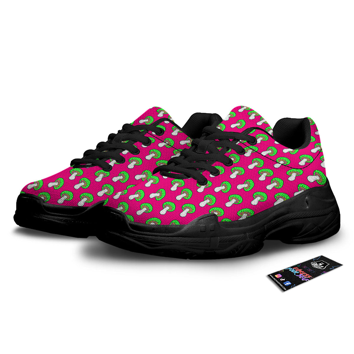 Hot Pink Crazy Mushroom Print Pattern Black Chunky Shoes-grizzshop