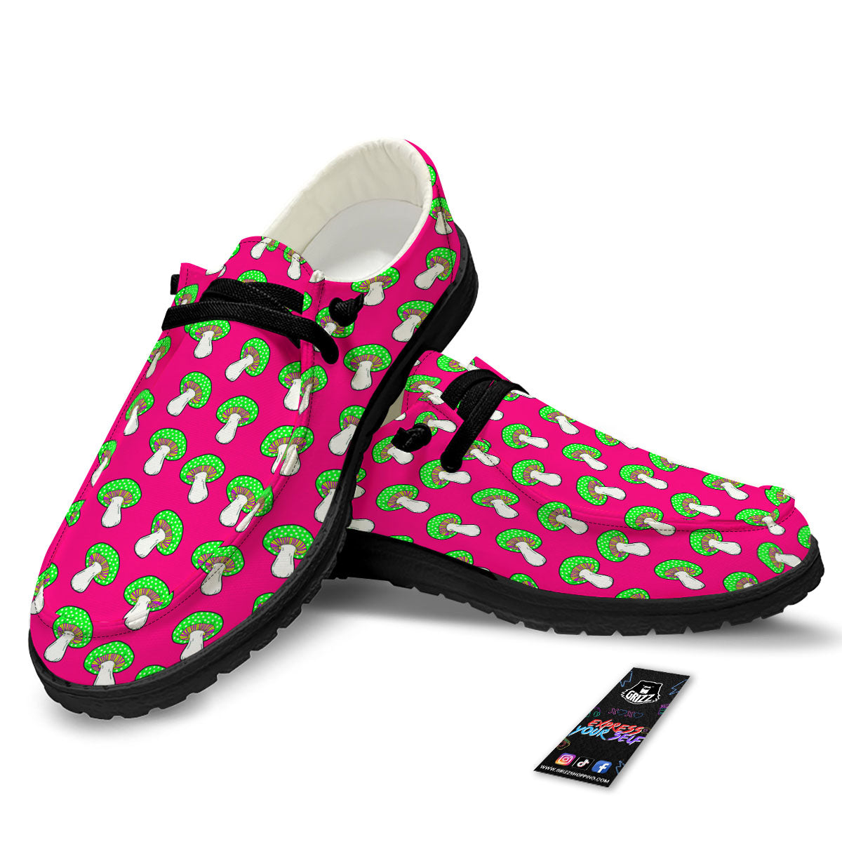 Hot Pink Crazy Mushroom Print Pattern Black Loafers-grizzshop