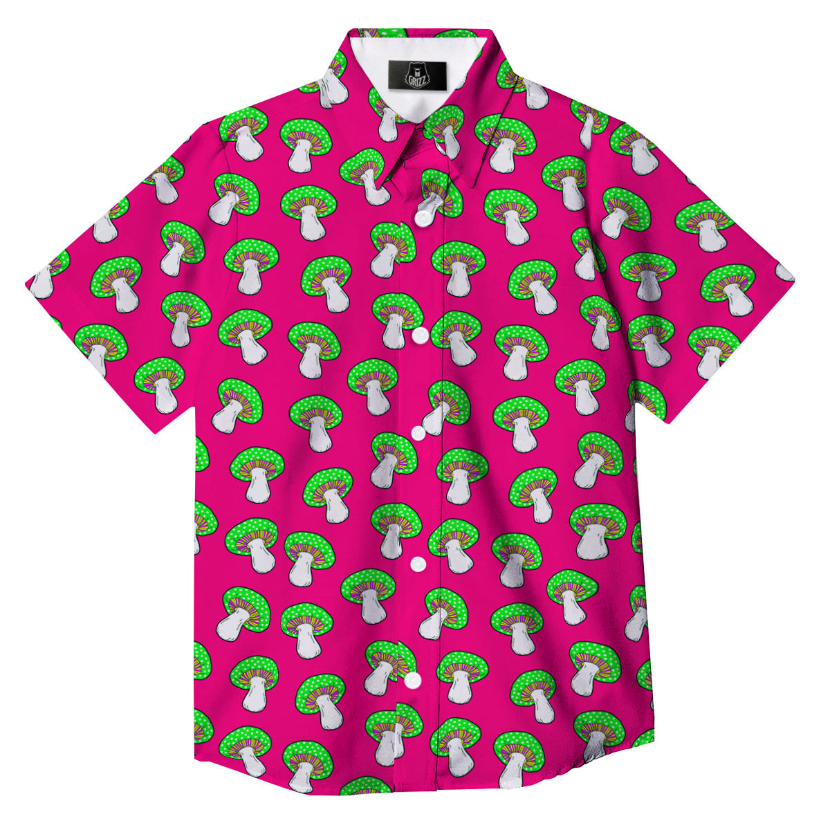 Hot Pink Crazy Mushroom Print Pattern Button Up Shirt-grizzshop