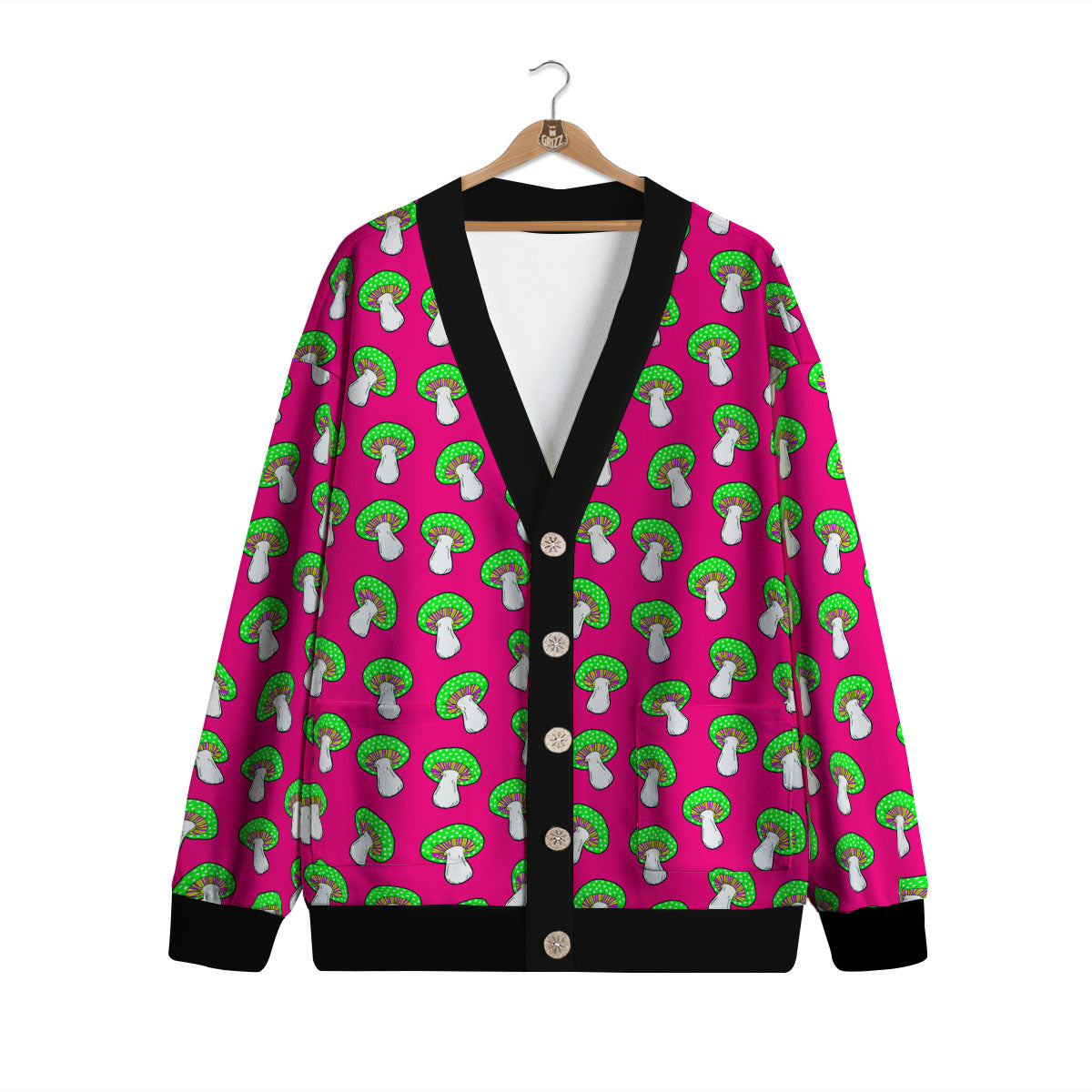 Hot Pink Crazy Mushroom Print Pattern Cardigan-grizzshop