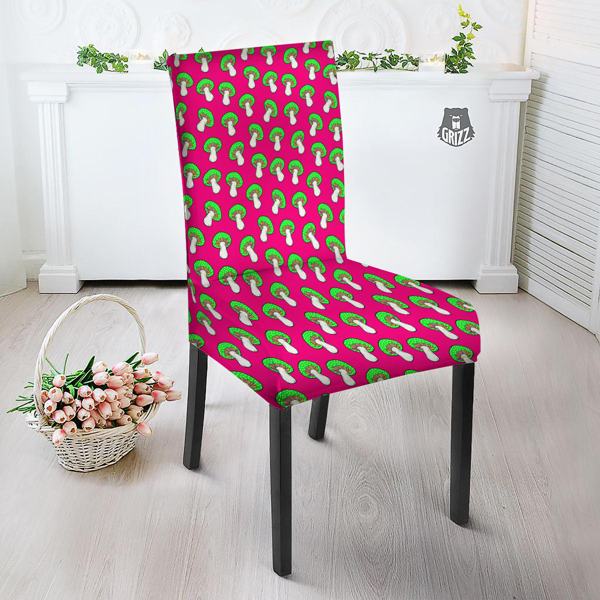 Hot Pink Crazy Mushroom Print Pattern Dining Chair Slipcover-grizzshop