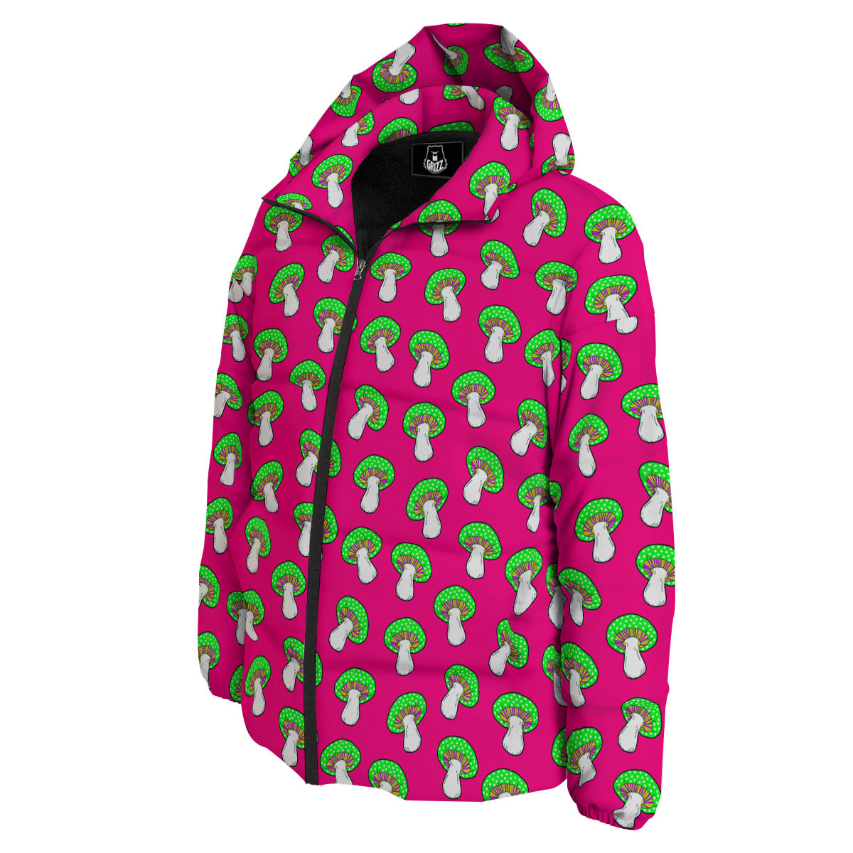 Hot Pink Crazy Mushroom Print Pattern Down Jacket-grizzshop