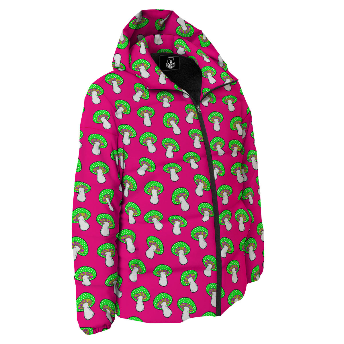Hot Pink Crazy Mushroom Print Pattern Down Jacket-grizzshop