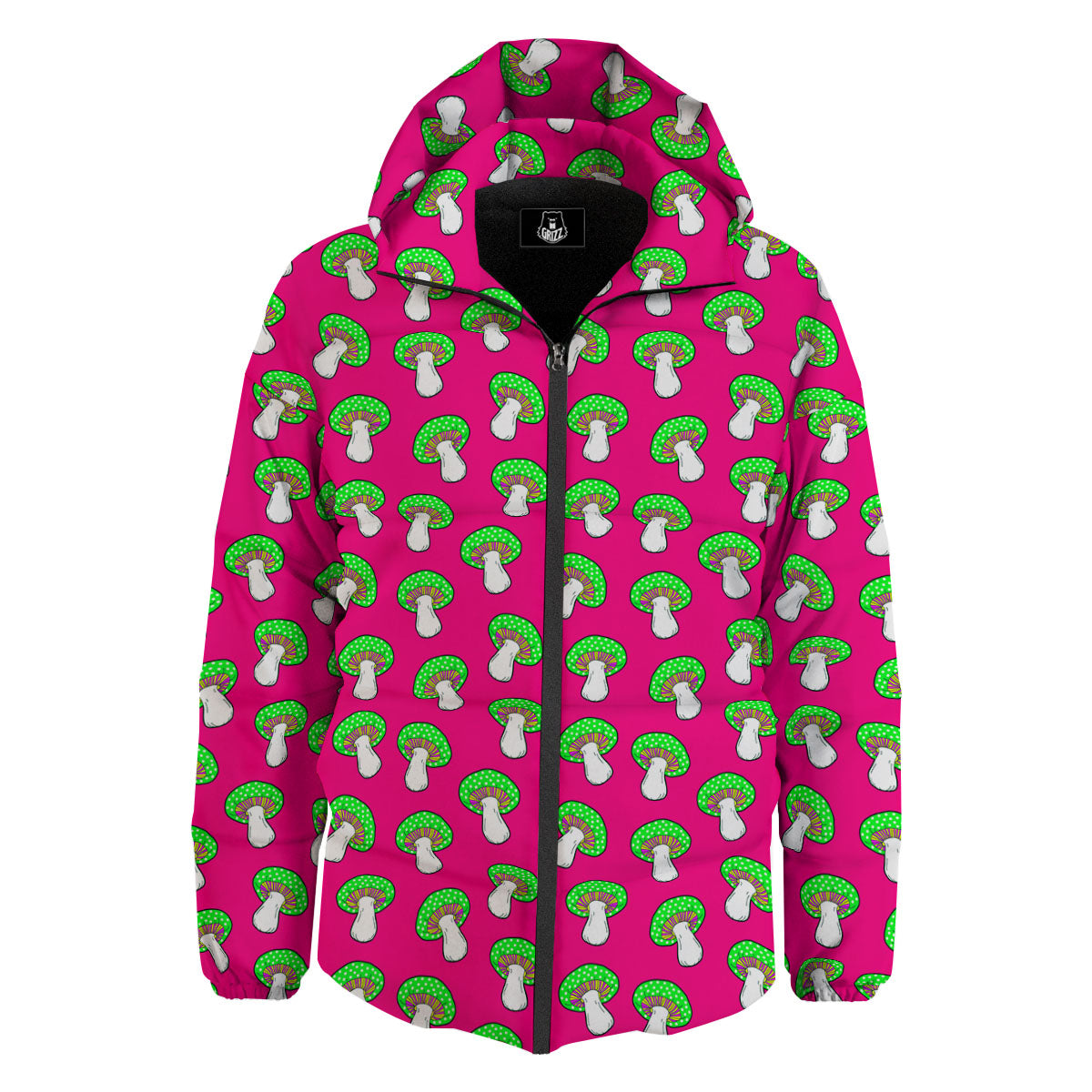 Hot Pink Crazy Mushroom Print Pattern Down Jacket-grizzshop