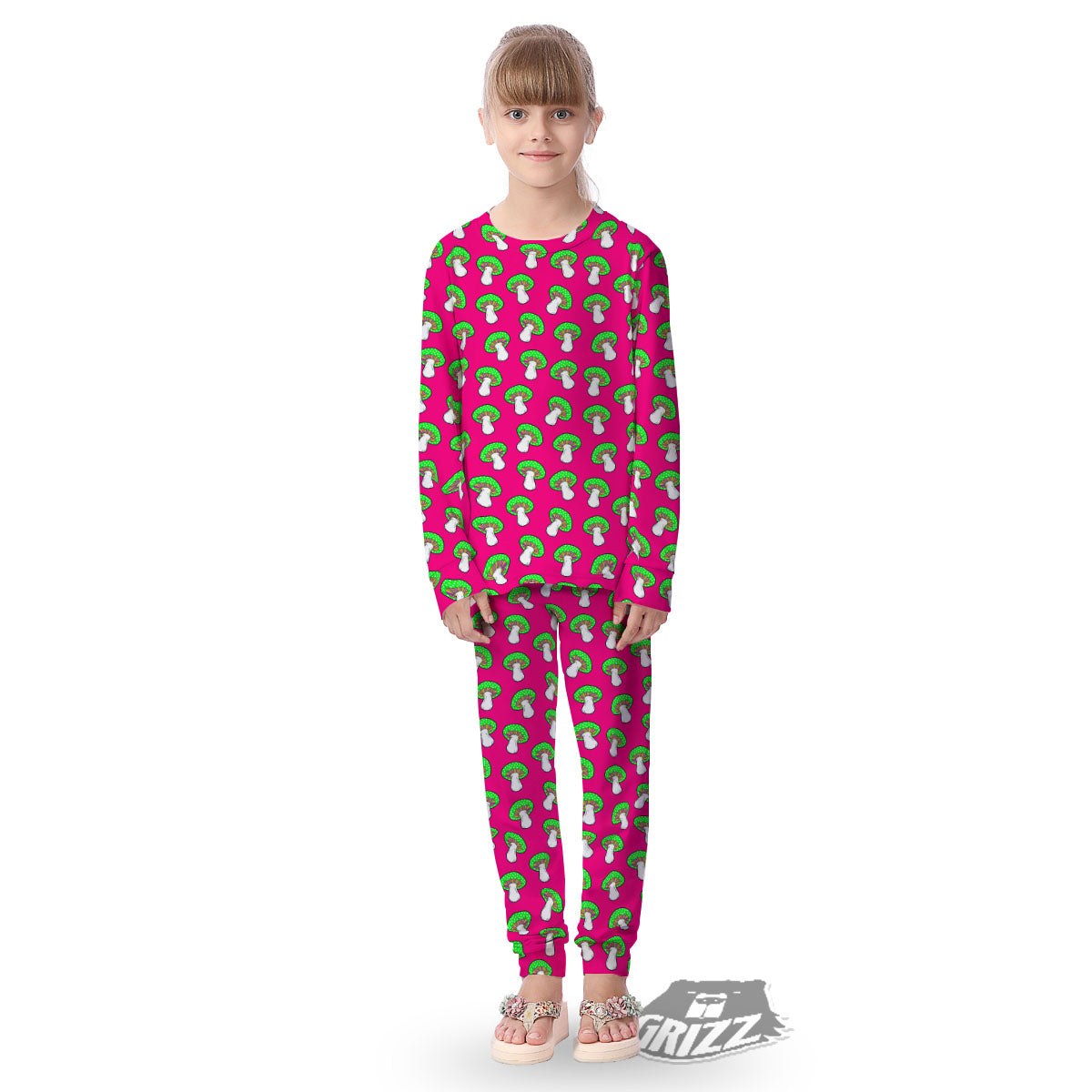 Hot Pink Crazy Mushroom Print Pattern Kid's Pajamas-grizzshop